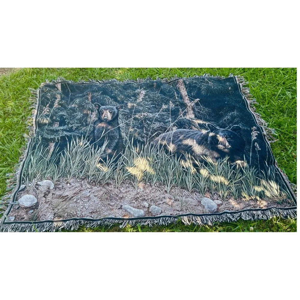80s R.S. Parker Black Bear Tapestry Blanket 62x49 forest cabin art decor vintage